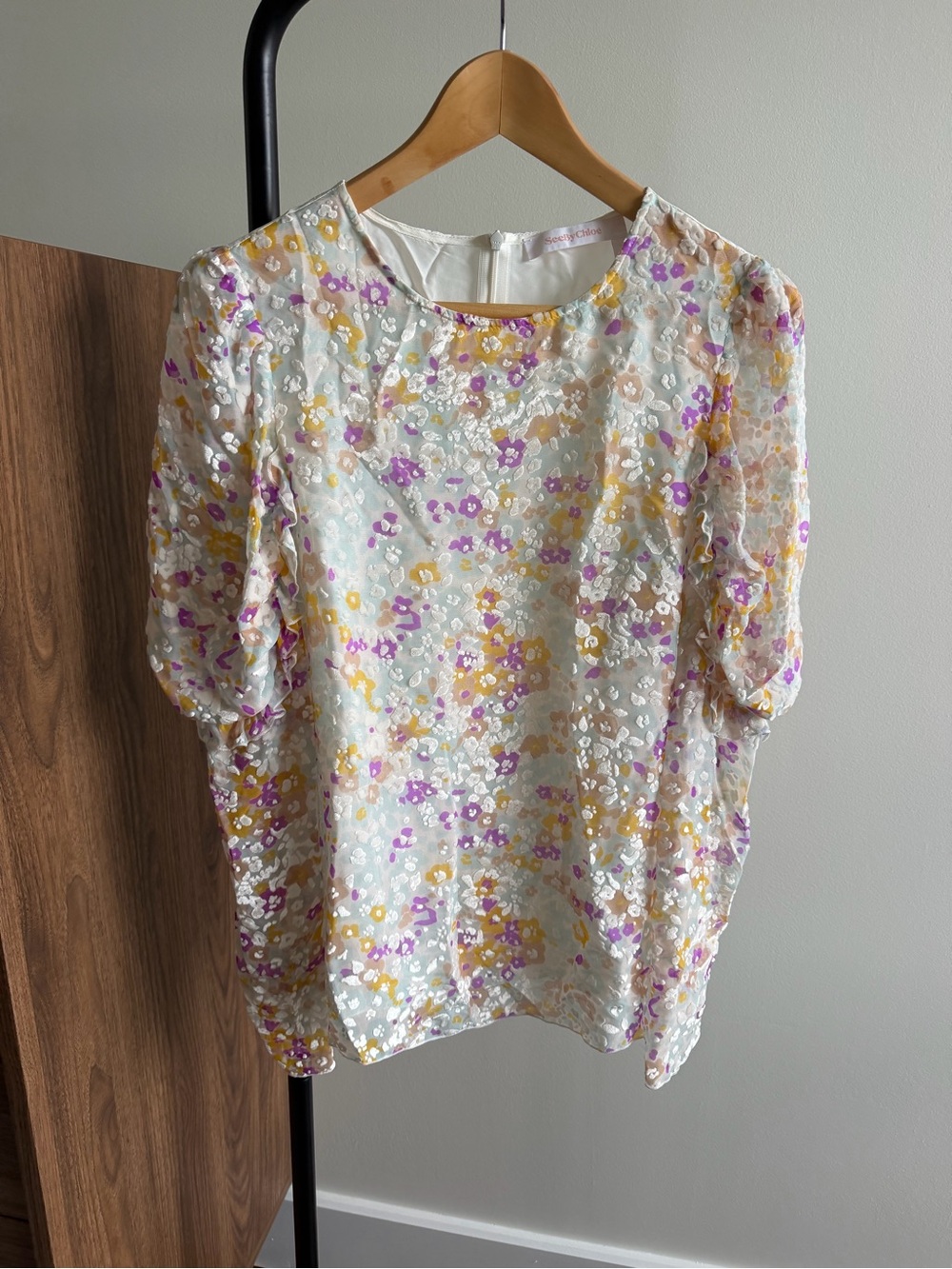 See by Chloé Floral Devoré Silk Blouse Size M Cream Purple Yellow